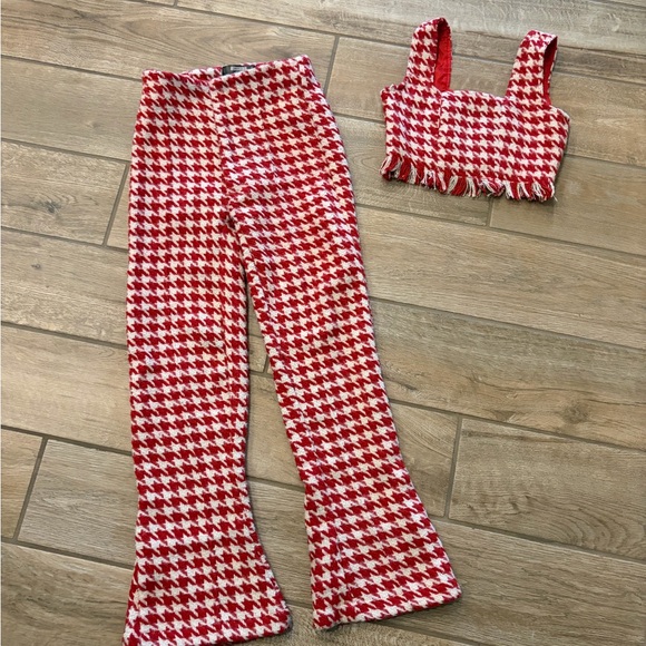 Missguided Pants - misguided red hounds tooth 2 piece flared pants matching top Petite 2 run small